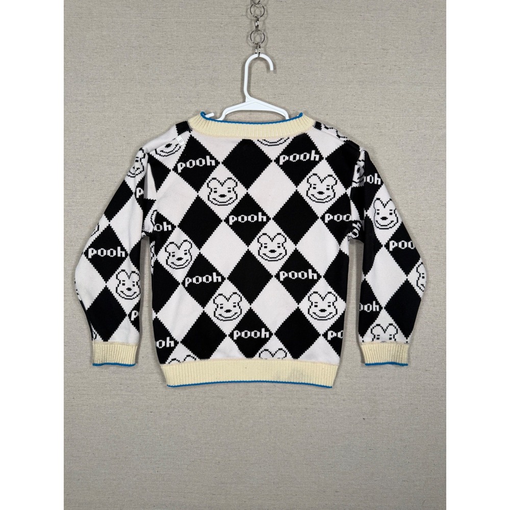 Disney Winnie the Pooh Argyle Cardigan Sweater Black White Kids Size 130 - Picture 2 of 5